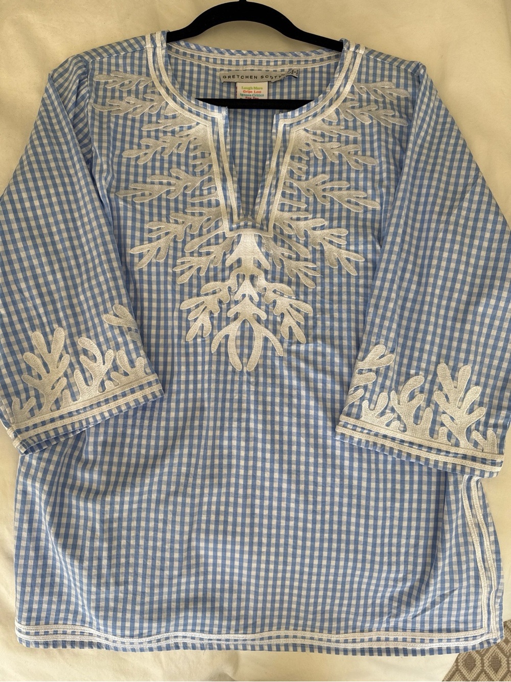 Gretchen Scott Light Blue and White Gingham Embroidered Tunic